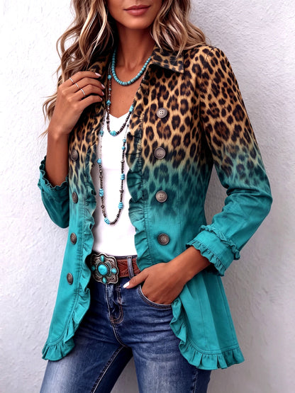Chaqueta blazer boho atrevida con estampado de leopardo y volantes en color verde azulado