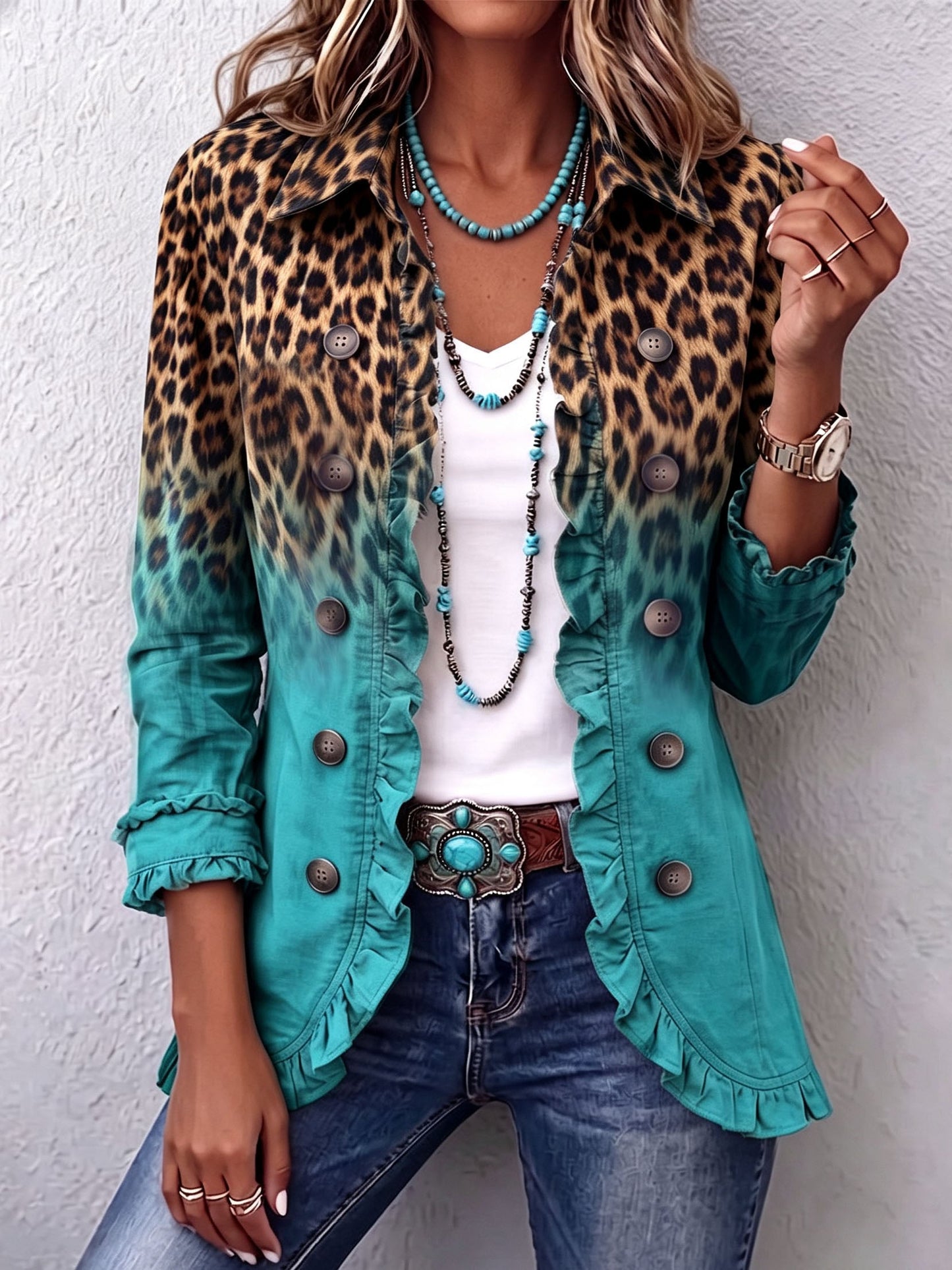 Chaqueta blazer boho atrevida con estampado de leopardo y volantes en color verde azulado
