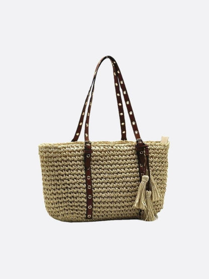 Bolso Cesta de Paja con Asas de Piel Sintética y Borlas