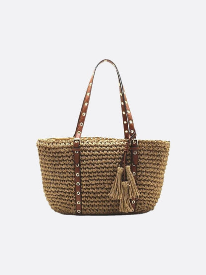 Bolso Cesta de Paja con Asas de Piel Sintética y Borlas