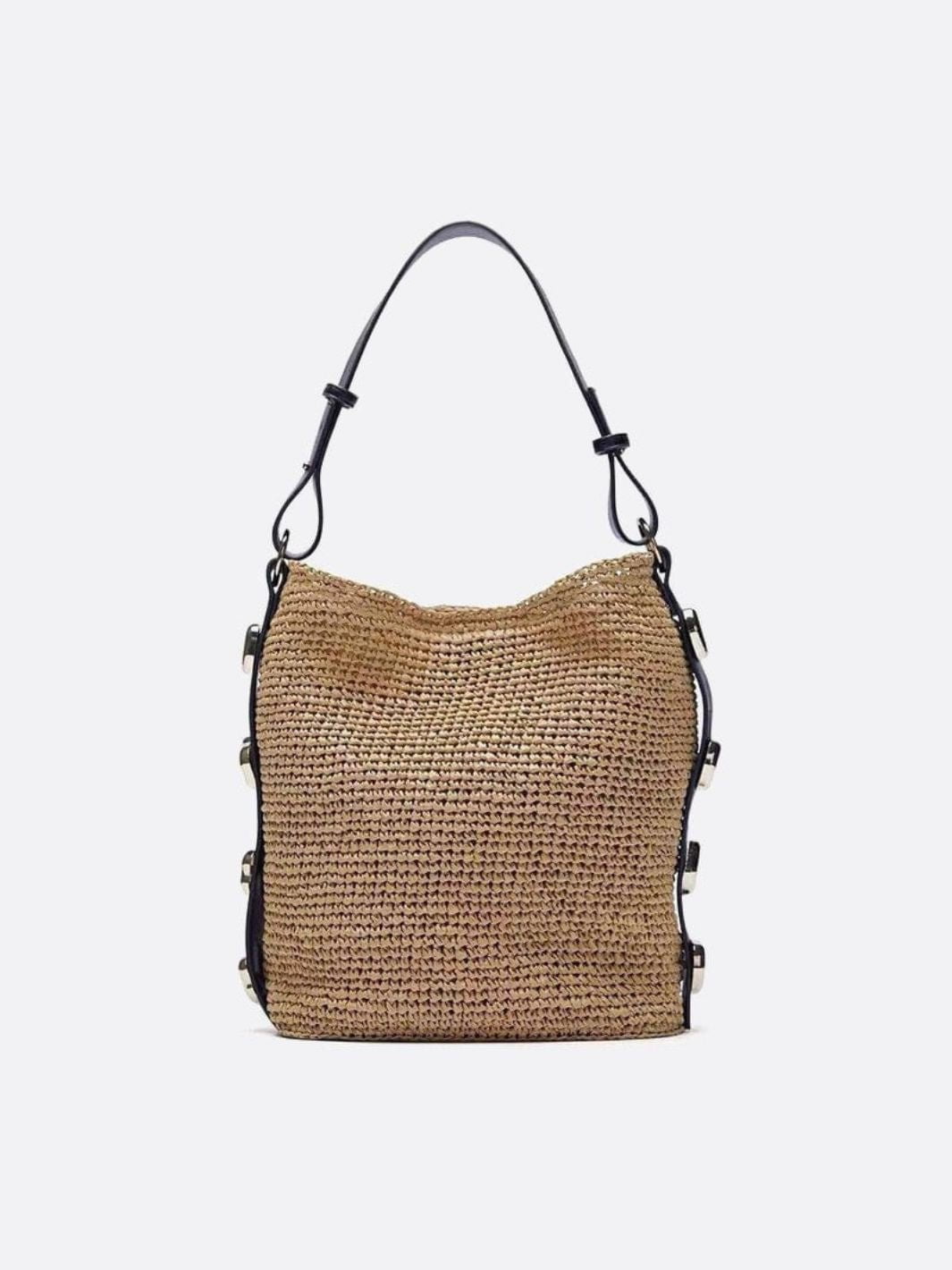 Bolso de Hombro de Paja con Correa de Cuero – Estilo Urbano Natural