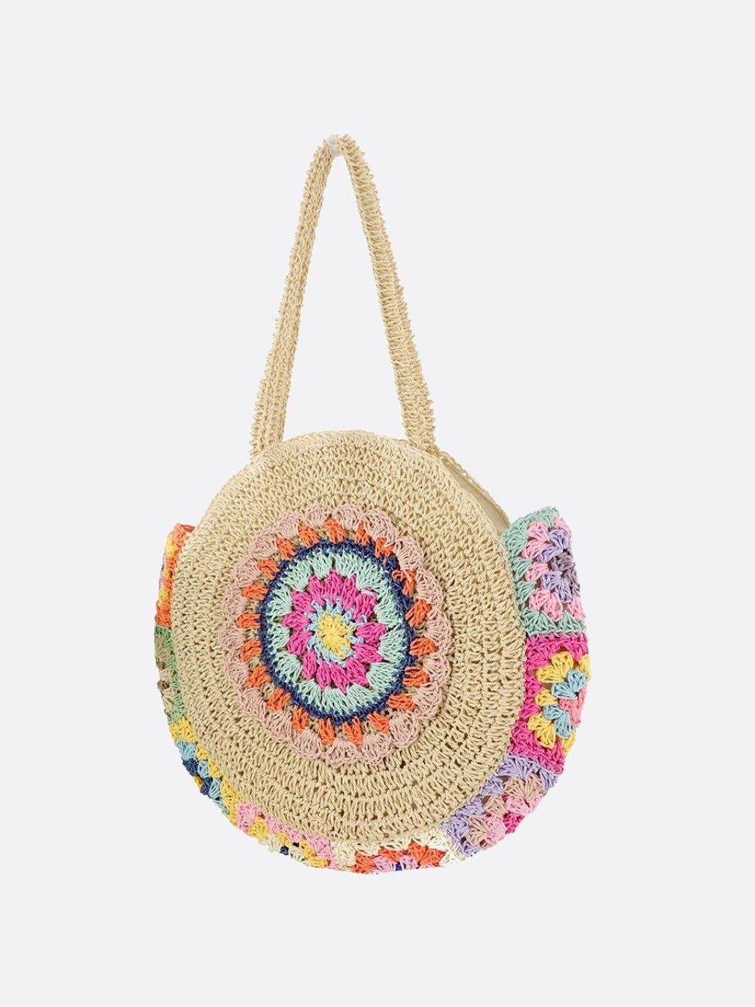Bolso Redondo de Paja con Detalle de Crochet Multicolor – Estilo Boho Festival