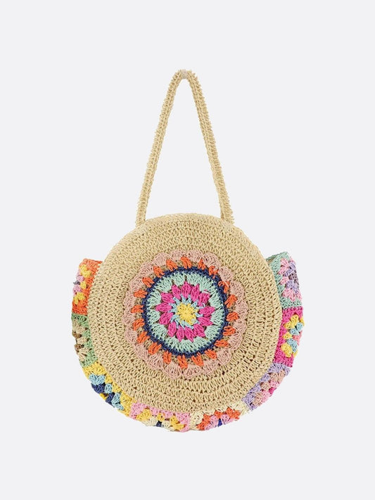Bolso Redondo de Paja con Detalle de Crochet Multicolor – Estilo Boho Festival